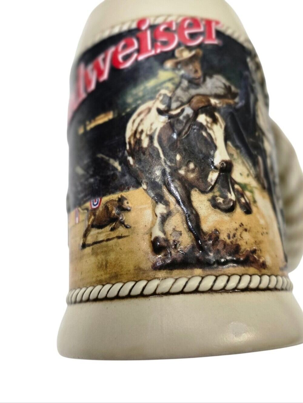 1992 Budweiser Rodeo Beer Stein Cowboy Bull Riding Collectible Mug Vintage